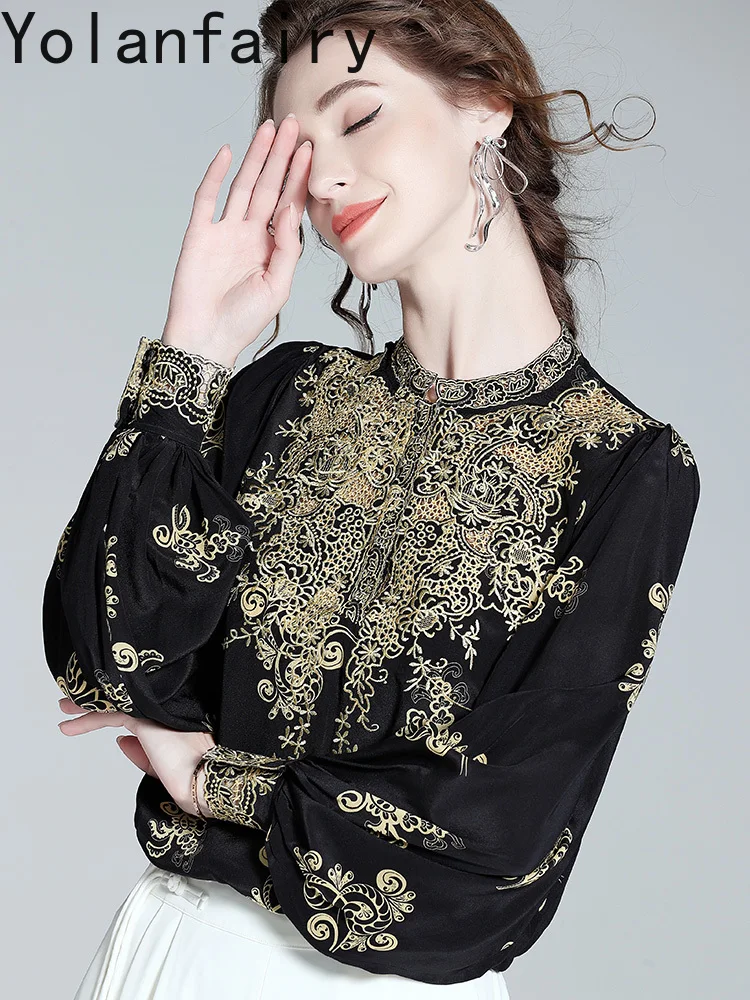 Yolanfairy high-end 100% genuíno seda amoreira camisa feminina bordado camisas de manga longa mulher vintage topos blusas estilo tribunal