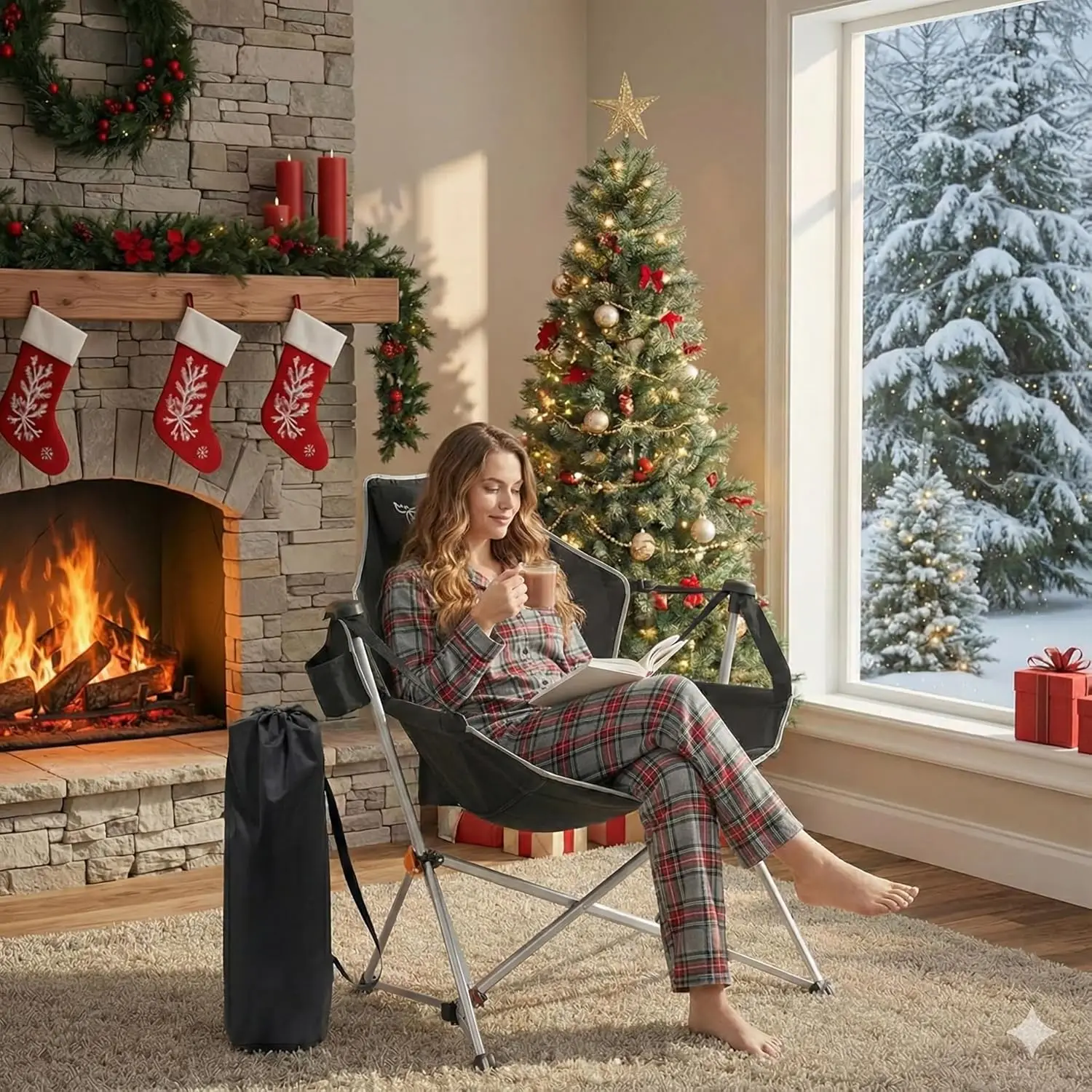 

Folding Hammock Chair with Headrest & Cup Holder, 300 lbs Capacity, Breathable Mesh, Portable for Camping, Fishing, Patio