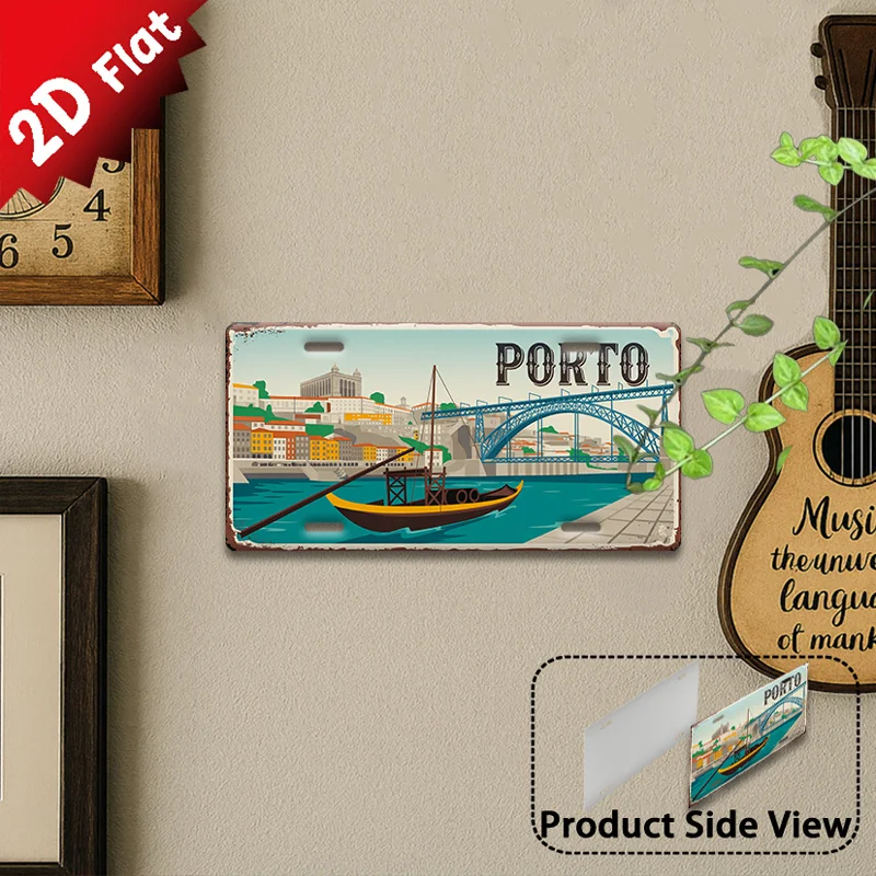 2D Flat,1pc Vintage Metal Sign,Decorative Only, Outdoor Plaque & Wall Decor Porto Bridge River View Aluminum Sign,Ideal for Home