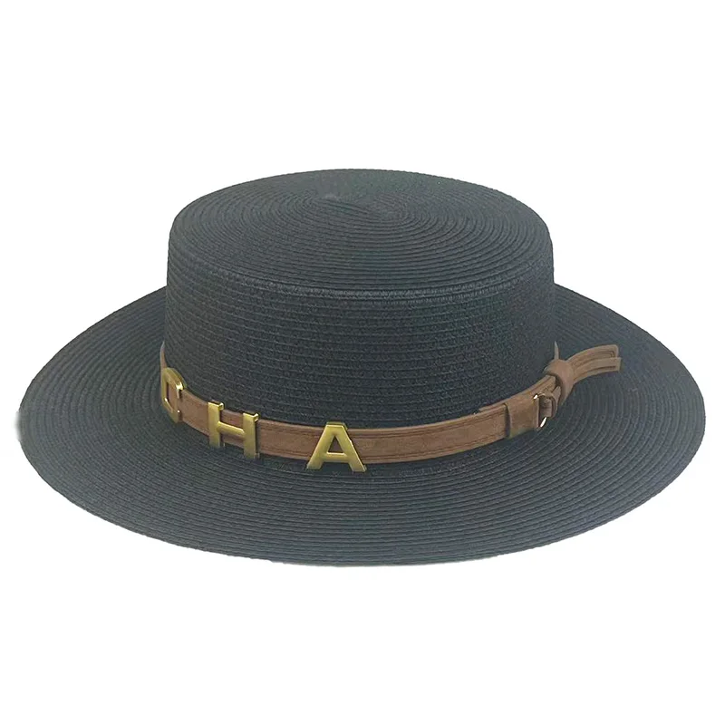 Sun Hats for Women Straw Hat Female Summer Outing Resort Rhinestone CHA Belt Personality Flat Top Hat British Vintage Visor Hat