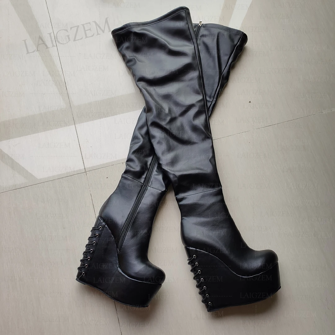 BERZIMER-Cuissardes en similicuir pour femmes, compensées à plateforme, bottes au-dessus du genou, fermeture éclair latérale, chaussures pour femmes, grande taille 37, 41, 45, 48, 17cm