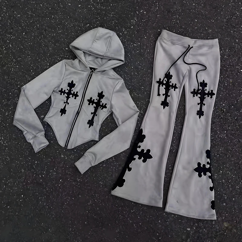 

Tik Tok популярный комплект из Европы и Америки в стиле ретро с перекрестной наклейкой, короткая толстовка и брюки с плотной молнией, повседневный готический Harajuku