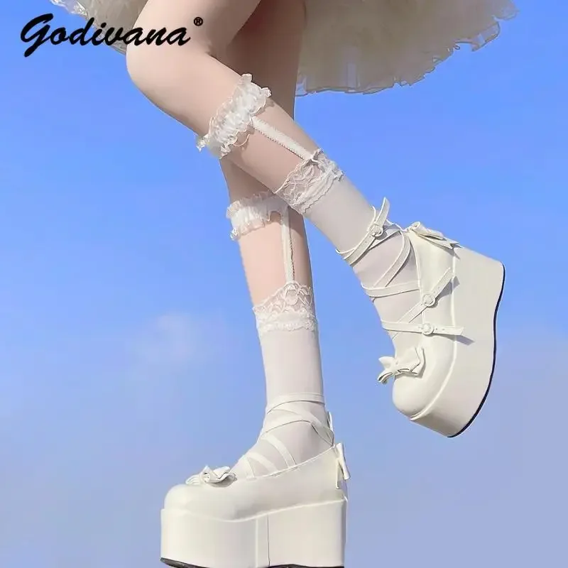 Girls Original Design Platform Shoes Lolita Sweet Women's Bow Round Head Height Increase Pump Shoes Leather High Heels