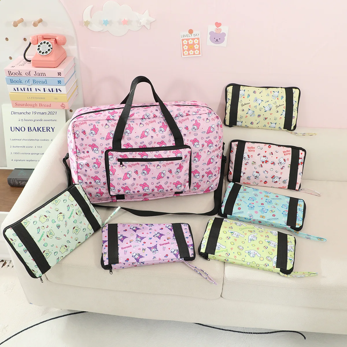 

Sanrio Large Capacity Travel Bag Hello Kitty Cartoon Foldable Storage Bag Kawaii Kuromi Travel Pou Handbag Ready Bag Duffel Bag