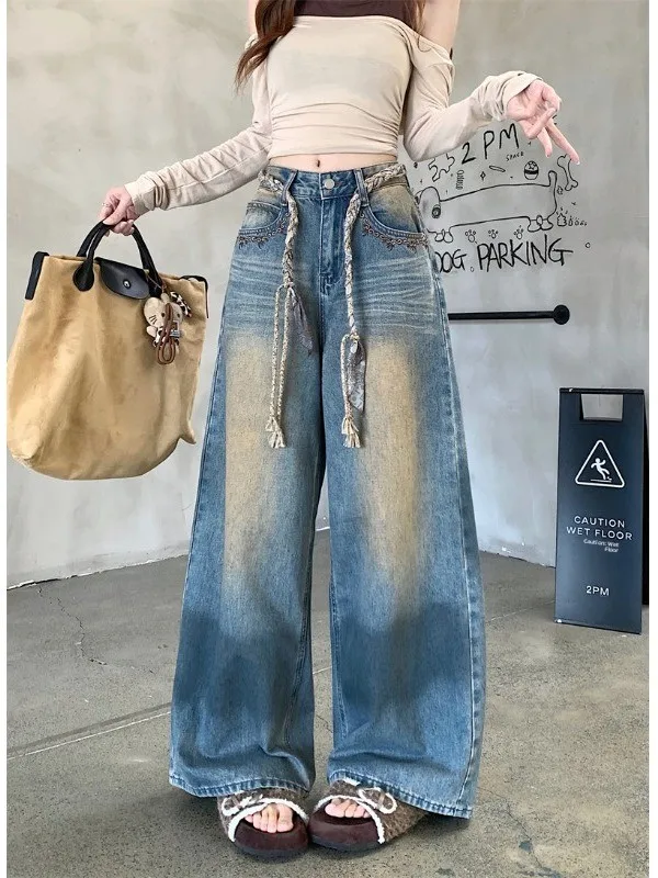 

Джинсы женские в американском винтажном стиле, с эффектом потертости, с высокой талией, свободные, широкие штанины, с вышивкой, длинные брюки