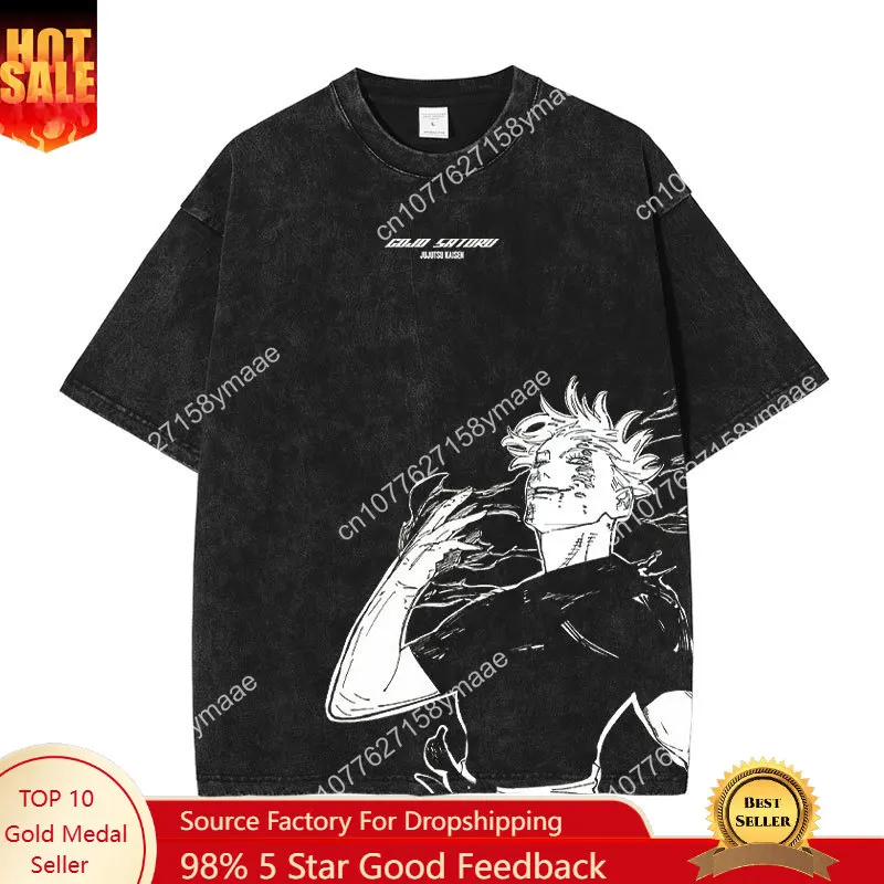 

Anime Jujutsu T Shirt Vintage Washed Gojo Saturo T-shirts Men Retro Streetwear Short Sleeve Manga Fushiguro Toji Tops Tees Men