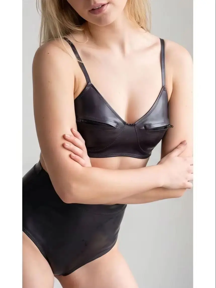 XXS-3XL Double Sided PU Leather Bikini Tops Waterproof Zipper Bustier Bra Tights Elastic Camis Crop Top Gym Fitness Cropped Vest