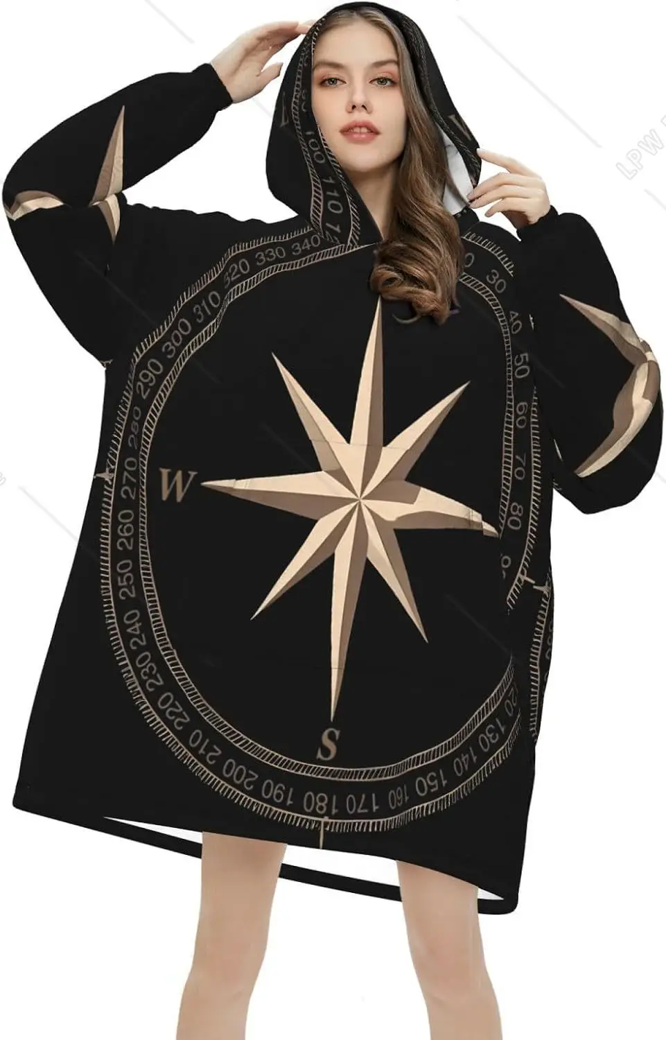 Black Compass Rose Wearable Blanket Hoodie Adults Oversized Sweatshirt  Cozy Warm Sherpa Hooded Blanket With Pocket