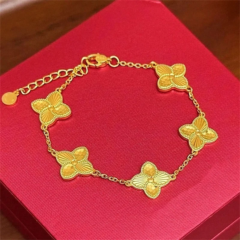 

Sparkling AU750 Gold Fish Scale Four-Leaf Clover Bracelet - Women's 18K Gold Honeycomb Bangle, Luxury Jewelry Gift