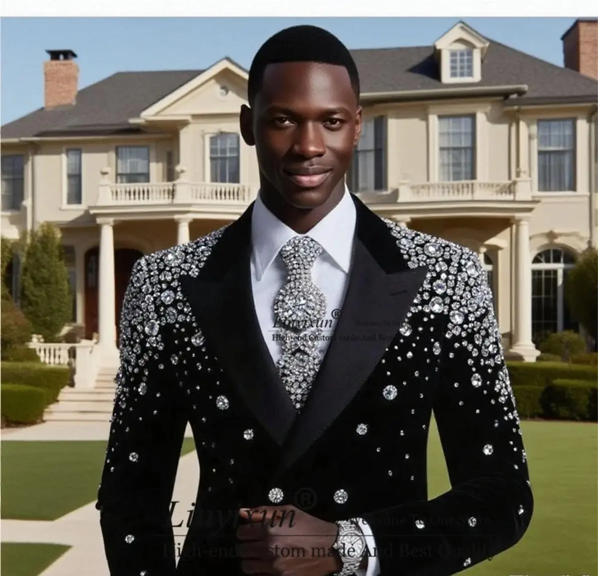 Sparkly Gem Crystals Men Suit Customized Wedding Tuxedos 2 Pieces Sets Groom Male Blazers Slim Fit Double Breasted Ropa hombre