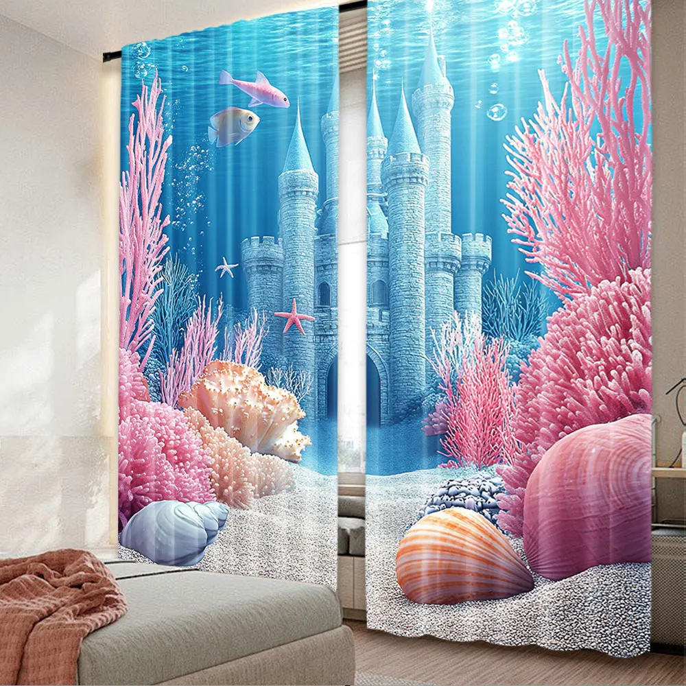 2Pcs Underwater World Curtain Sea Castle Coral Reef Window Drapes Suitable For Bedroom Living Room Dining Room Study Office A