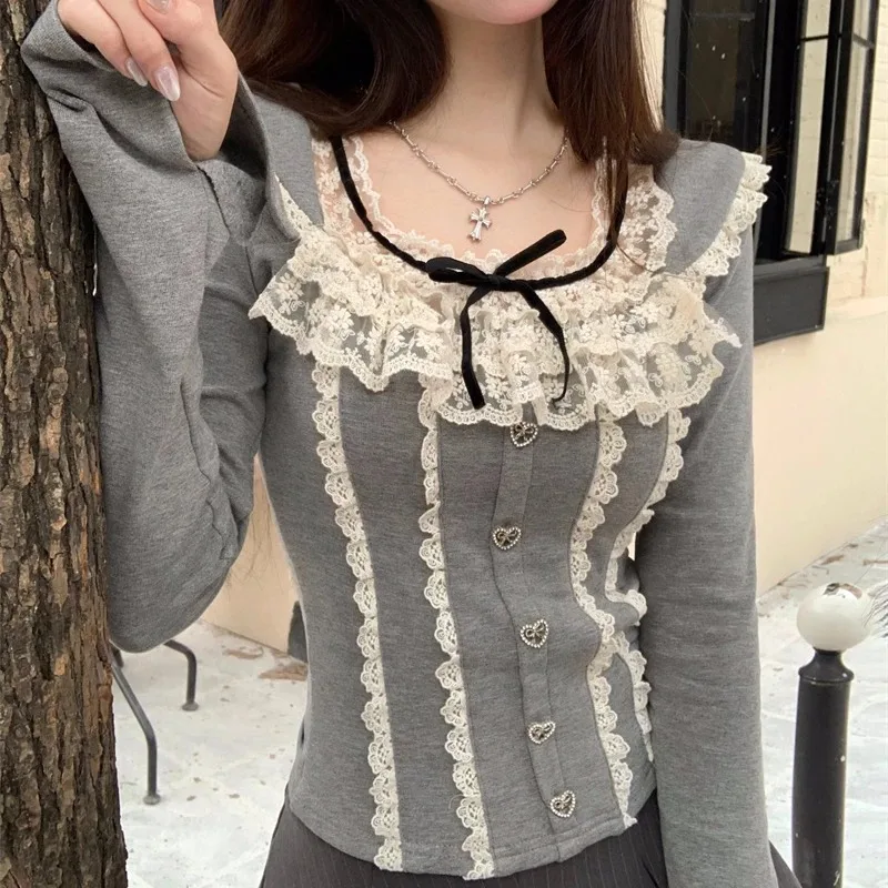 Long Butterfly Sleeve Tshirts Women Lace Ruffles Sexy Slim Tops Fall Winter Cozy Square Collar Casual Tees Basic Temperament