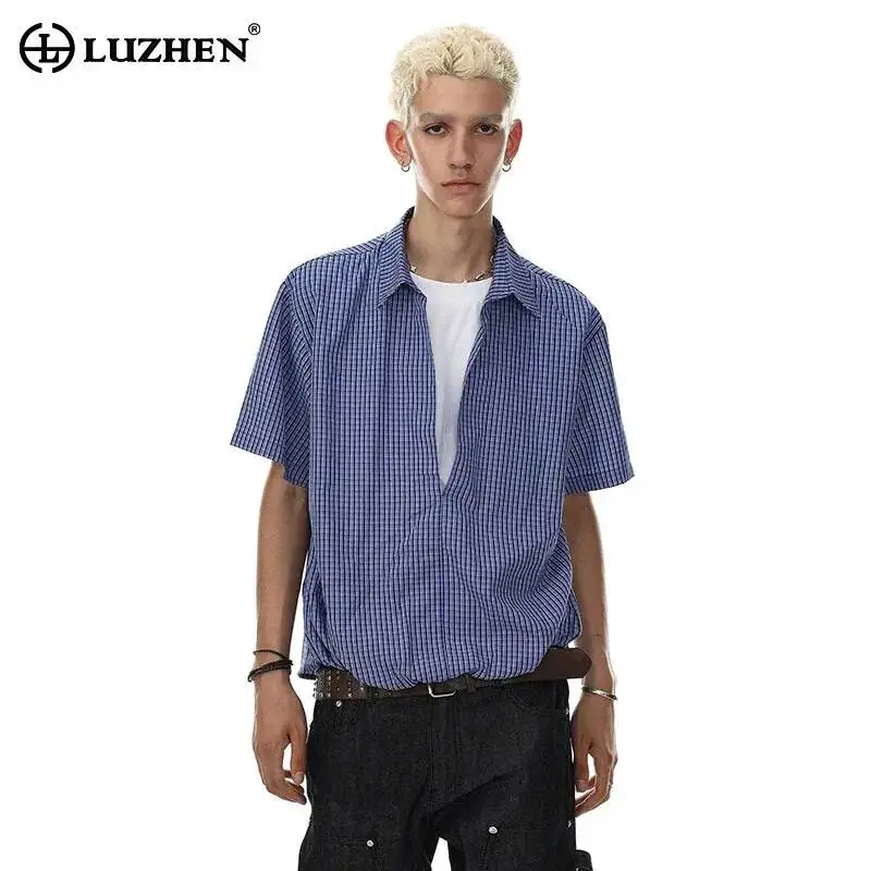 LUZHEN 2026 Summer Checked Printed Original V-neck Loose Short Sleeve Shirt Pullover Men's Fashion Lapel Casual Male Tops JY7919