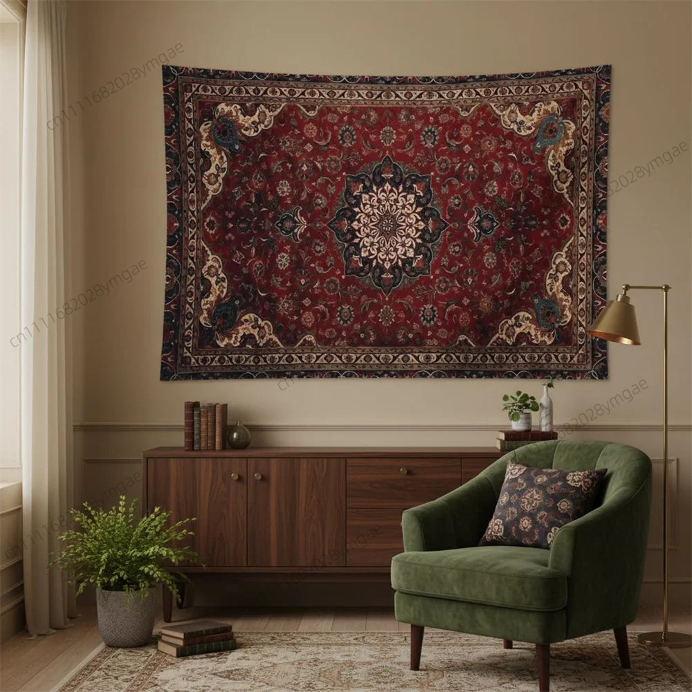 Vintage Tapestry Bohemian Persian Medallion Wall Tapestries Burgundy Oriental Print Wall Hanging Backdrop Cloth Wall Art Decor