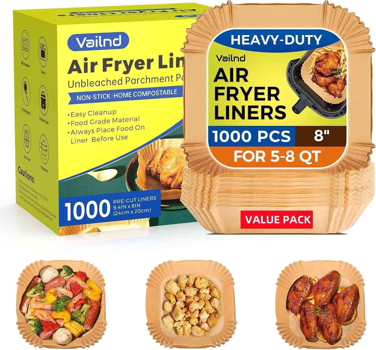 

1000 Pcs Air Fryer Paper Liners Value Pack, 8" Square Air Fryer Liners Disposable, Heavy-Duty Parchment Paper for 5-8 qt Airfrye