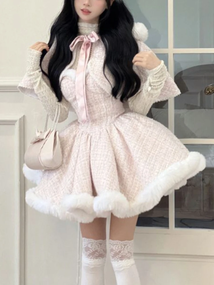 Korean Style Kawaii New 3 Piece Set Women Retro Patchwork Vintage Dress Suit Female Short Coat + Off Shoulder Dress + Solid Tops