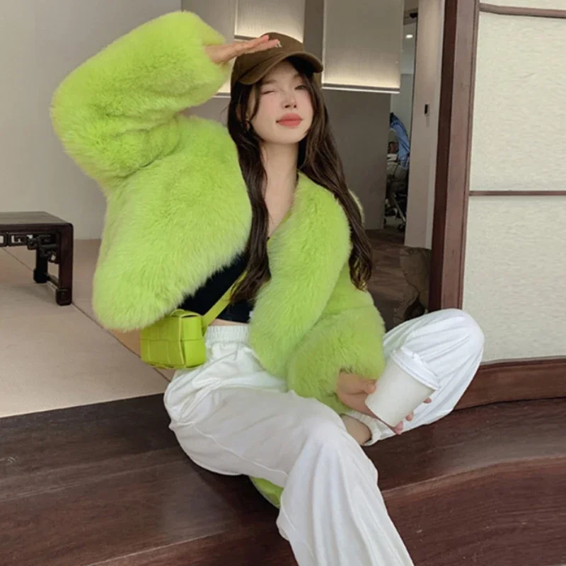 여성 숏 코트 인조 여우털 Y2K 스트리트웨어 두꺼운 따뜻한 코트 아우터웨어 봄 자켓 가을 겨울 오픈 스티치 2025 자켓