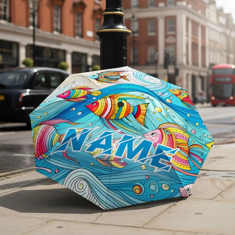 Custom Name umbrella, Colorful Fish and Waves Print Fashion Folding Umbrella for Sunny and Rainy Days, Christmas Gift