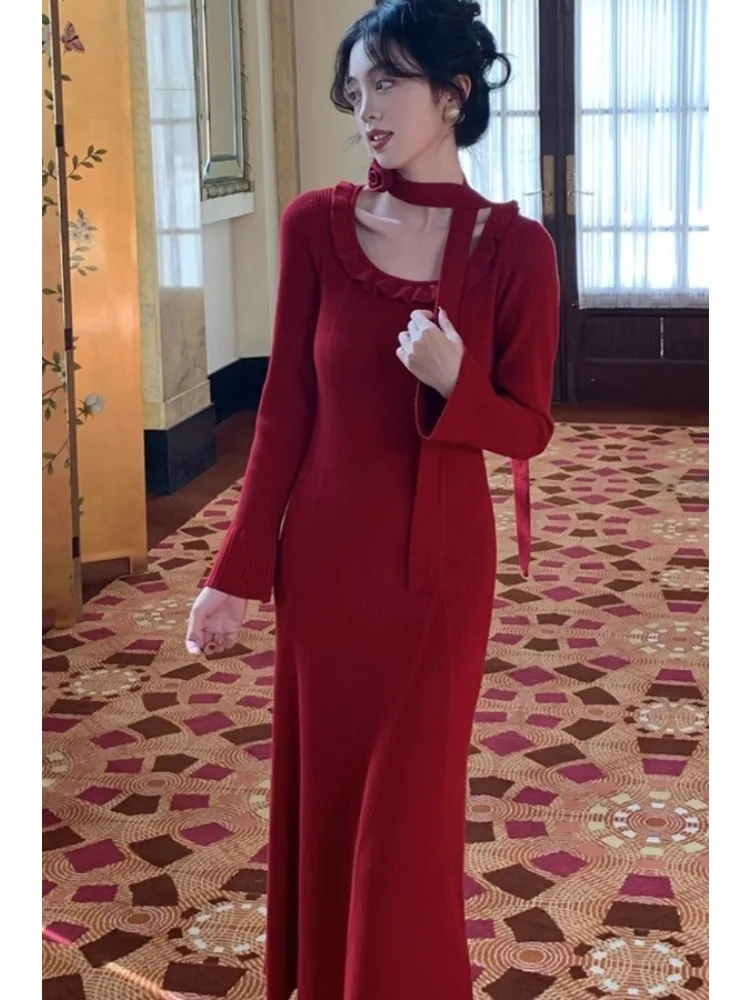 Abito lavorato a maglia solido con scollo all'americana a fiori con volant Donna Autunno Inverno Temperamento Slim Fit Vita Abiti a maniche lunghe Abito da festa