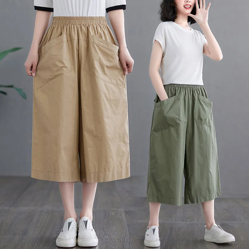 Women Summer Korean Style Solid Color Pocket Front Wide Leg Pants Plus Size Elastic Waist Casual Loose Calf-Length Pants