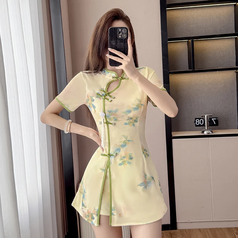 

2026 Spring New Chinese Style Cheongsam Set - Green Frog Button Sheer Mesh Dress with Print & Fringe, 2 Piece Qipao Outfit