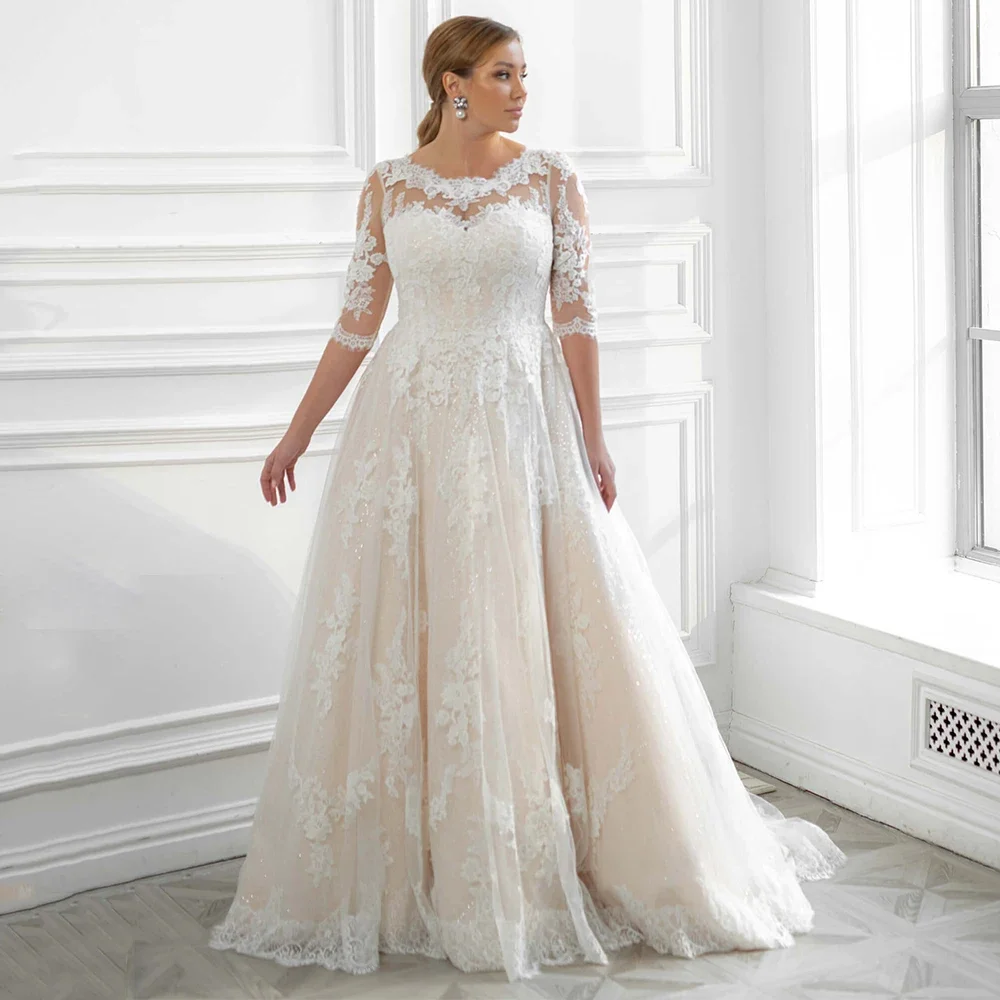 Plus Size Wedding Dress Customized Backless A-Line Tulle Bride Gowns Scoop Neck Half Sleeves Applique Glitter Tulle A Line Gowns