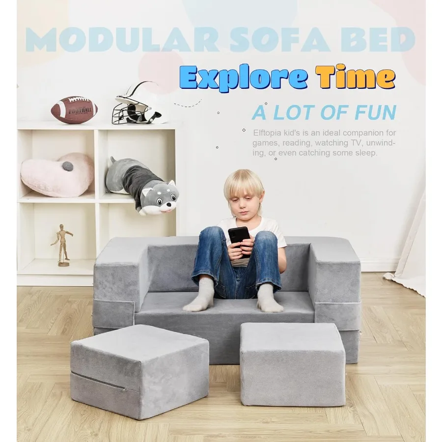Modulares Sofa für Kleinkinder und mit Schaumsessel, umwandelbares Plüsch-Spielset mit ausklappbarem Schlafsofa in Grau, ideal für Zuhause