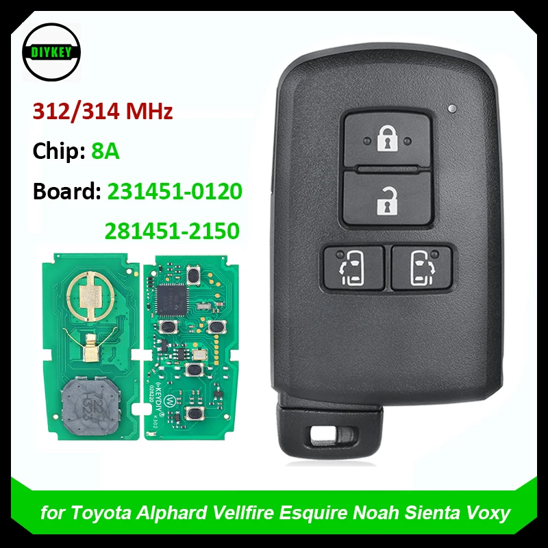 DIYKEY Smart Remote Key Fob for Toyota Alphard Vellfire Esquire Noah Sienta Voxy 312/314MHz Board ID: 231451-0120 / 281451-2150