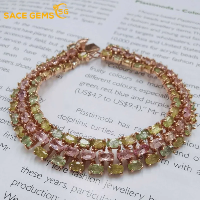 SACE GEMS New Trend 925 Sterling Silver Natural Tourmaline Gemstone Bracelrts for Women Engagement Cocktail Party Fine Jewelry