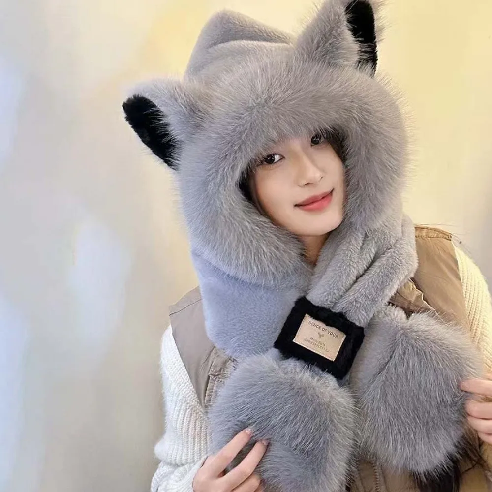 التزلج الكرتون الشتاء أفخم قبعة مكافحة البرد 2 في 1 الحيوان الأذن وشاح قبعة دفئا يندبروف الأذن حماية قبعة النساء #4