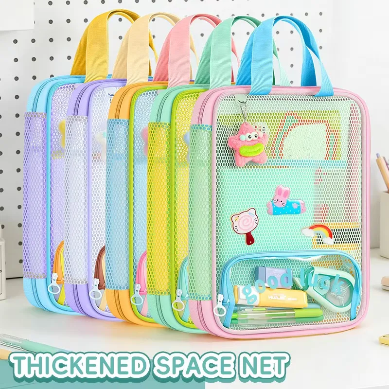 Thick Mesh Document Bag with Handle Multicolor Portable Zipper File Folder Student Stationery Book Storage Pouch