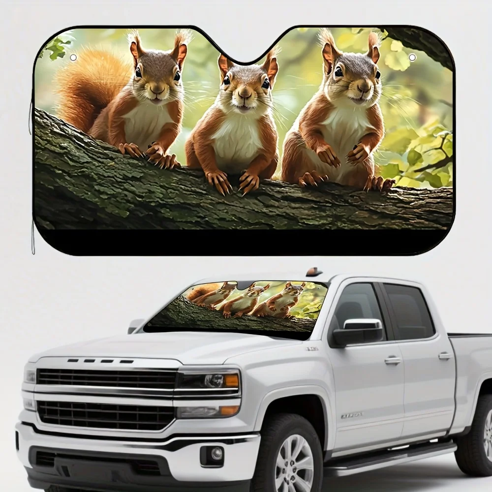 1pc Double Squirrel Branch Dance Print Car Sunshade - Stylish Efficient Heat-Resistant Foldable Sunshade, Fit for Most Cars