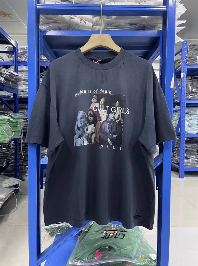 

Summer PALY HOLLYW 26SS Pattern Print Vintage High Street Casual Loose Cotton Washed Short Sleeved Trendy Oversize T-shirt MEN