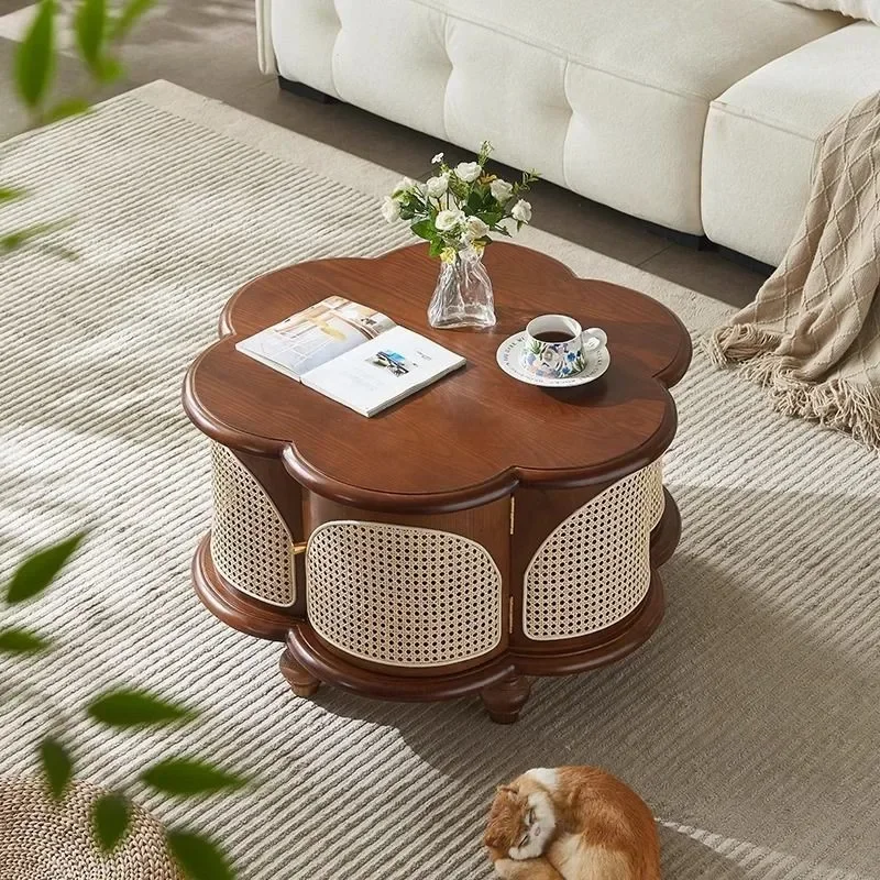 French retro rattan coffee table small apartment household antique small tea table