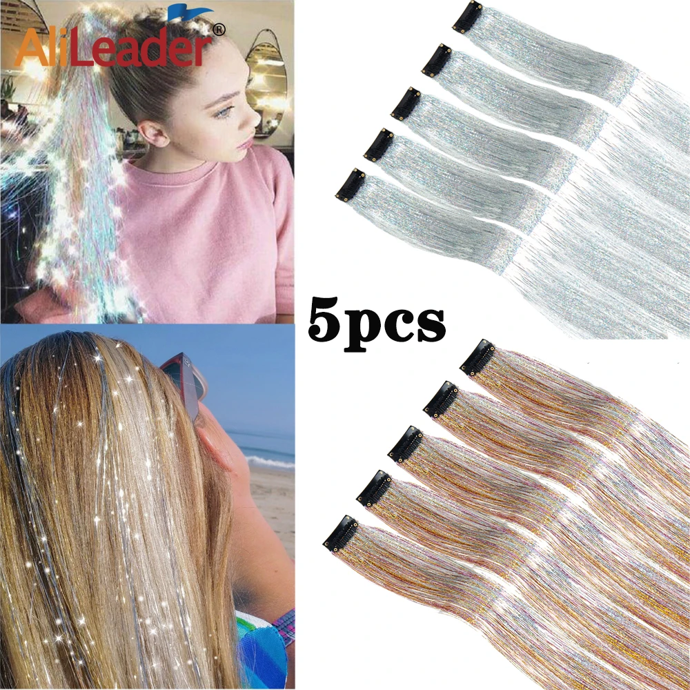 Shiny Sparkle Hair Extension Clip In Hair Tinsel Glitter Fairy Hair Tinsel Kit Heat Resistant 5Pcs Hair Streak Synthetic Hair