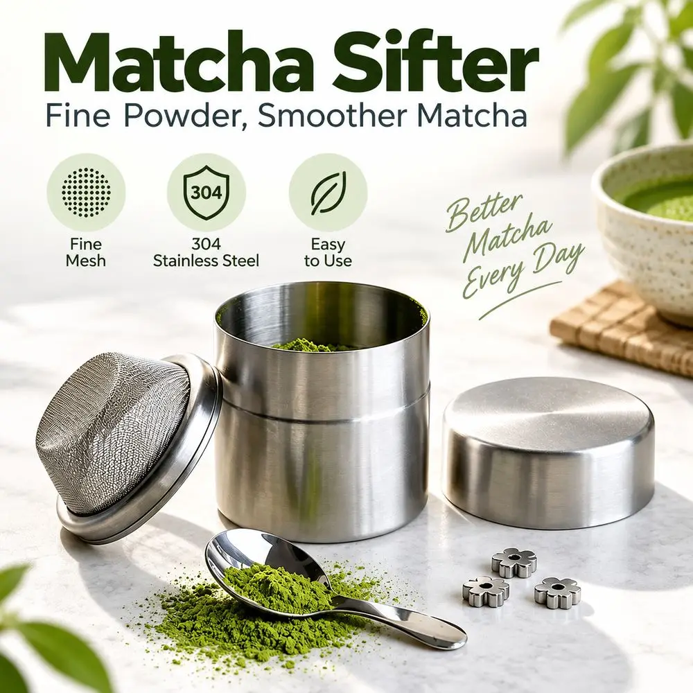 304 Stainless Steel Matcha Powder Jar Moisture Proof Portable Tea Storage Canister Mesh Powder Sieve Cylindrical