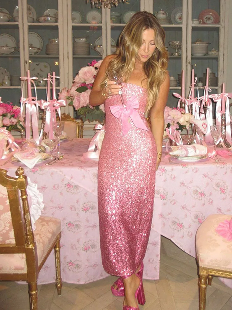 Sweet Pink Sequin Sleeveless Gradient Long Dress Chic Backless Off-the-shoulder Slim Fit Gown New Lady Birthday Party Vestidos