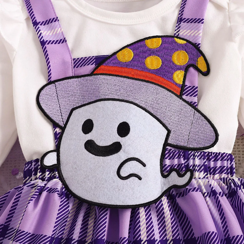 3pcs Halloween Infant Baby Girls Clothes Cute Ghost Embroidery Suspender Dress Solid color Bodysuit suit with headwear