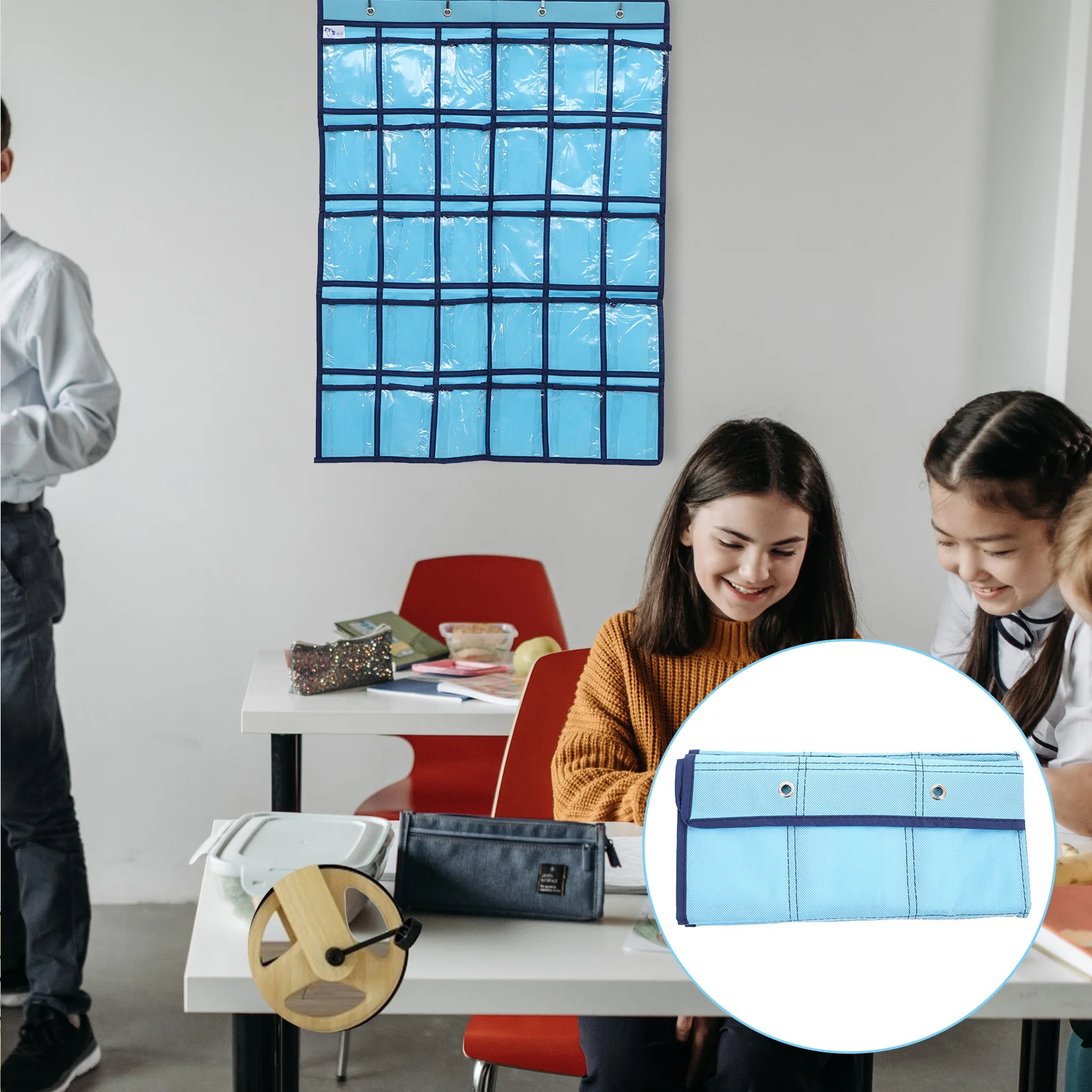 

Hanging Phone Storage Pouch for Classroom with Clear Pockets Cell Phone Holder Organizer for Desk Wall Door Calculator Holder