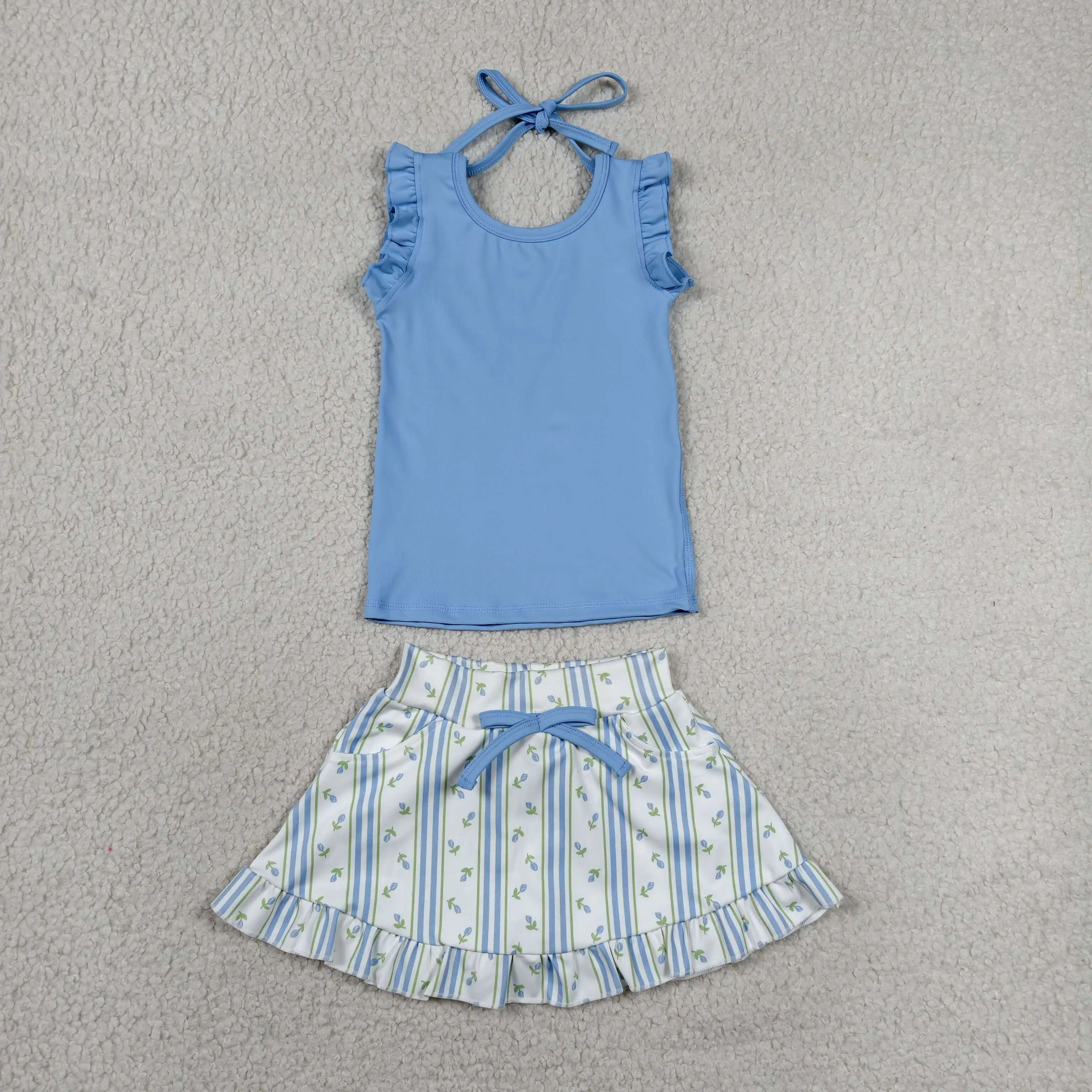 Wholesale Baby Girl Yoga Active Blue Clothing Toddler Shirt Floral Pockets Skirt Shorts Kids Skort Set Athletic Summer Clothes