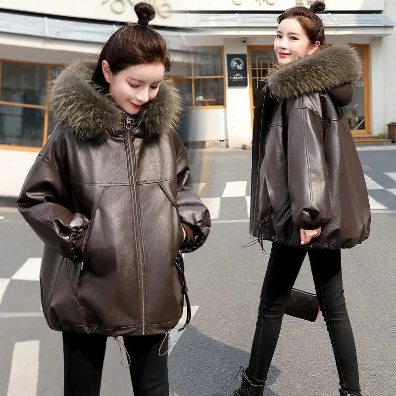 Women\'s Leather Cotton Coat Parka 2023 New Winter Jackets Short Hooded Warm Windproof Motorcycle Outerwear Leather Clothing