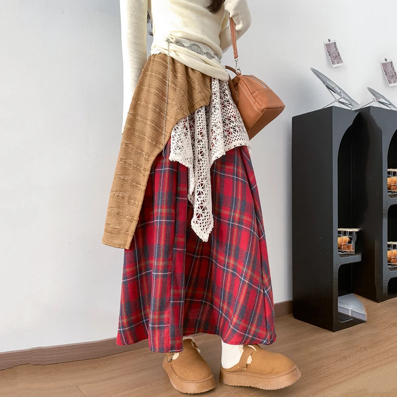 Design irregular rendas retalhos xadrez saias femininas 2025 moda cintura alta plissado saia longa mulher chique guarda-chuva saia feminina