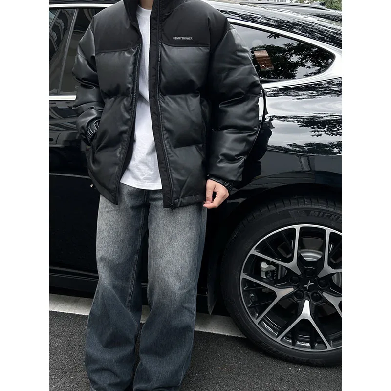 Bla PU Leather Stand Collar down Cotton Jaet Men's Winter Thiened Bread Sle Warmth High-End Feeling Cold Resistance