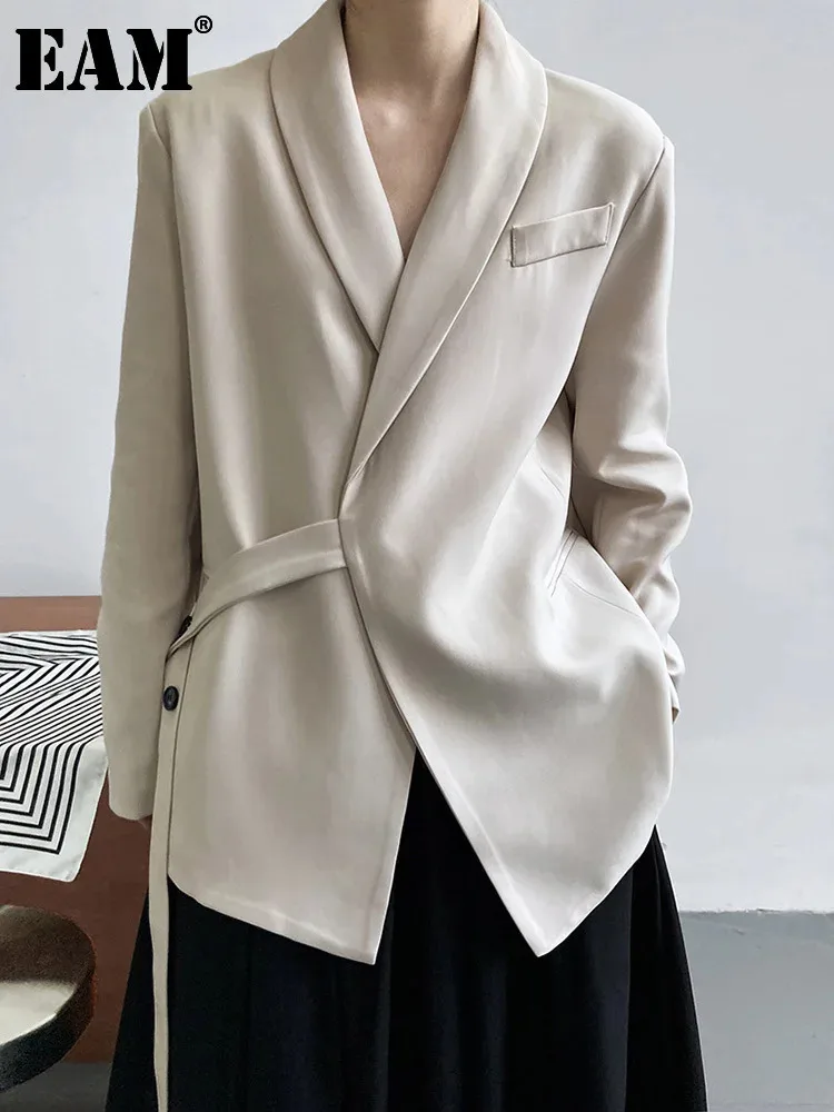 [EAM] Women Apricot Irregular Belted Big Size Blazer New Lapel Long Sleeve Loose Fit Jacket Fashion Spring Autumn 2024 1DF5081