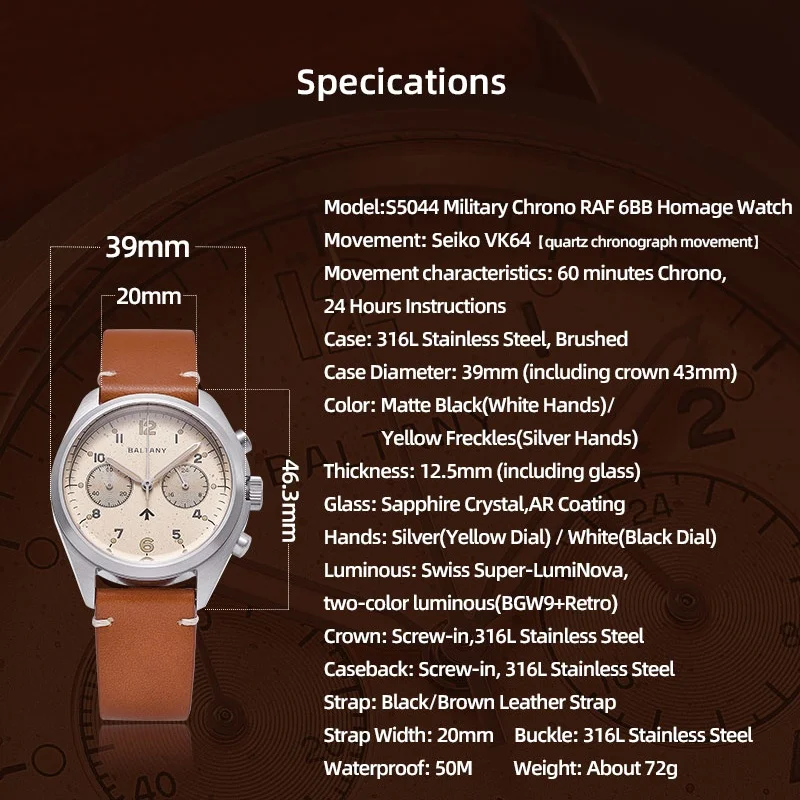 Baltany New Luxury Casual Men's Multifunction Quartz Watch 39mm 6BB Military VK64 AR Sapphire Luminous 50M Waterproof Wristwatch