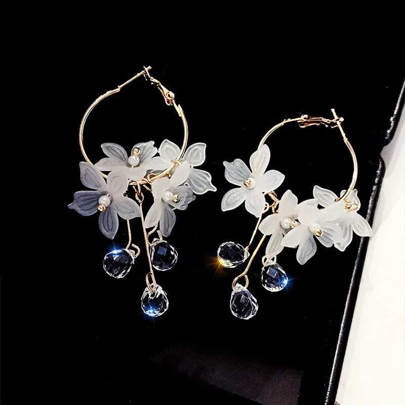 new korean sweet transparent crystal flower drop earrings for women temperament long tassel earrings female elegant jewelry gift