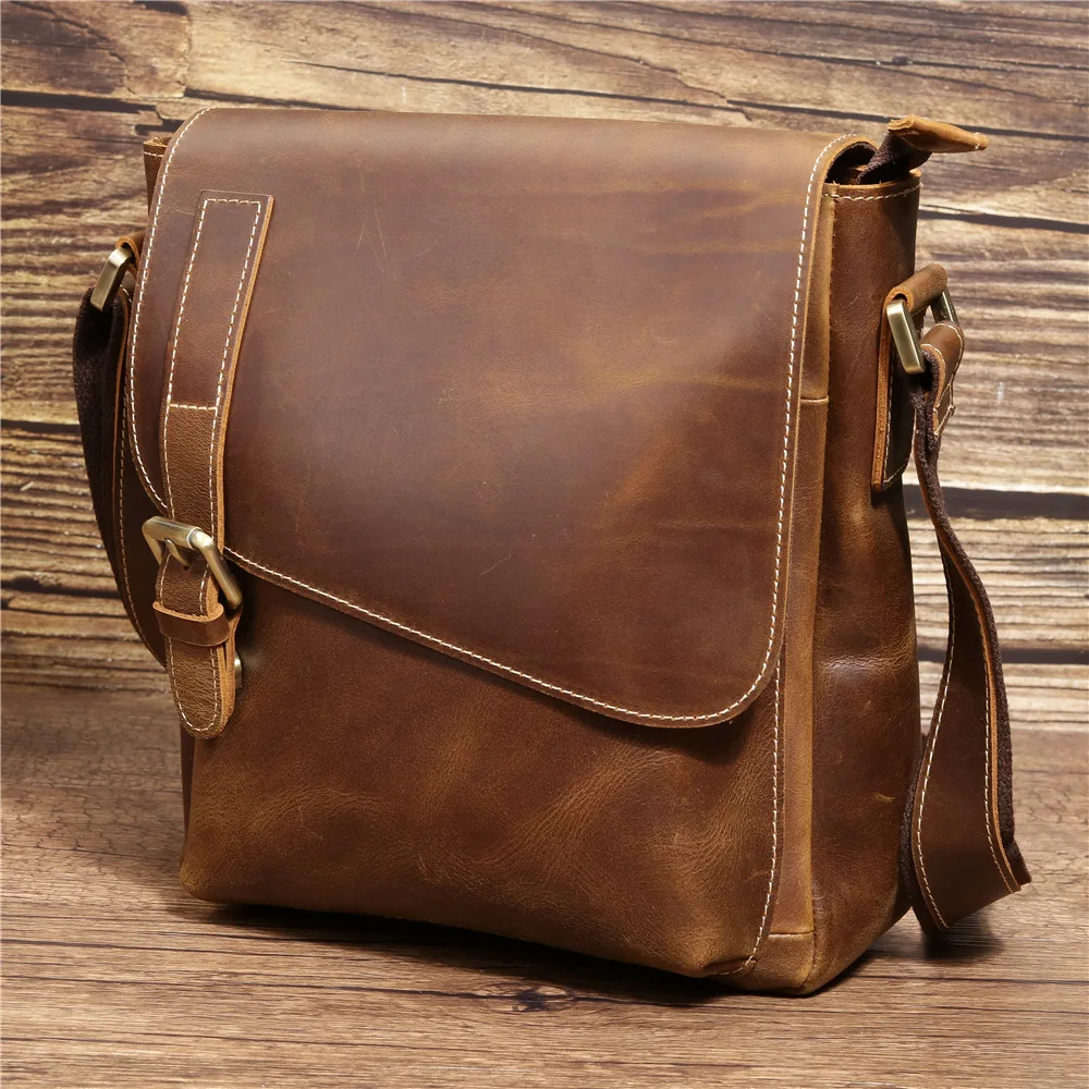 Bolsa de ombro de couro genuíno para homens, sacos crossbody vintage marrom, couro de cavalo louco, design clássico, 2024