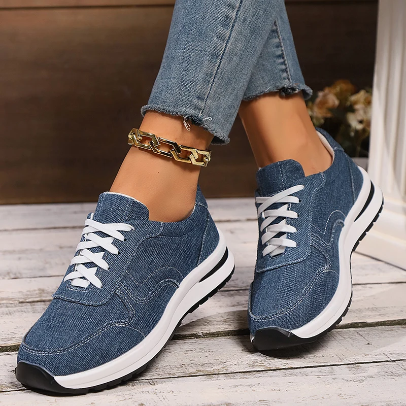 Lucyever-Zapatillas deportivas de lona con cordones para mujer, Calzado cómodo con plataforma, color azul, talla grande 43, otoño