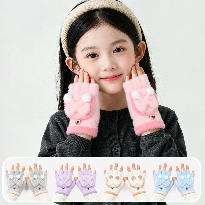 Cartoon Children's Autumn and Winter Gloves for Girls, Cute and Warm Winter Fleece-Lined Half-Finger Flip-Up Cold-Proof Gloves