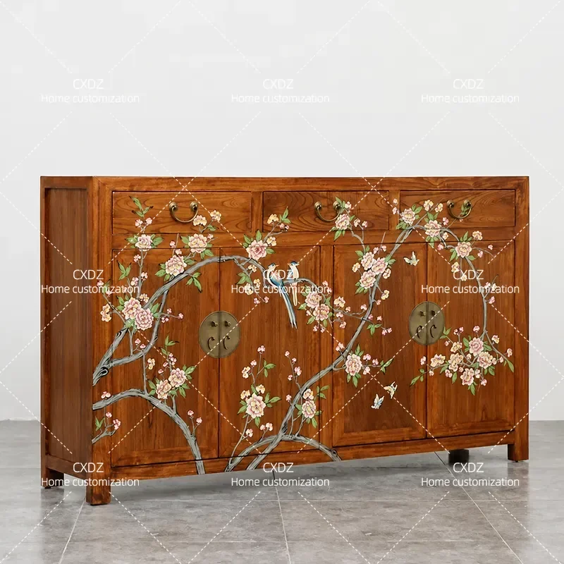 New Chinese Style Hand Painted Flower Bird Side Cabinet Entrance Foyer Locker Antique Decorative Storage Shoe Cabinet Solid